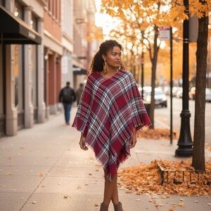 Plaid Red and Blue lightweight poncho